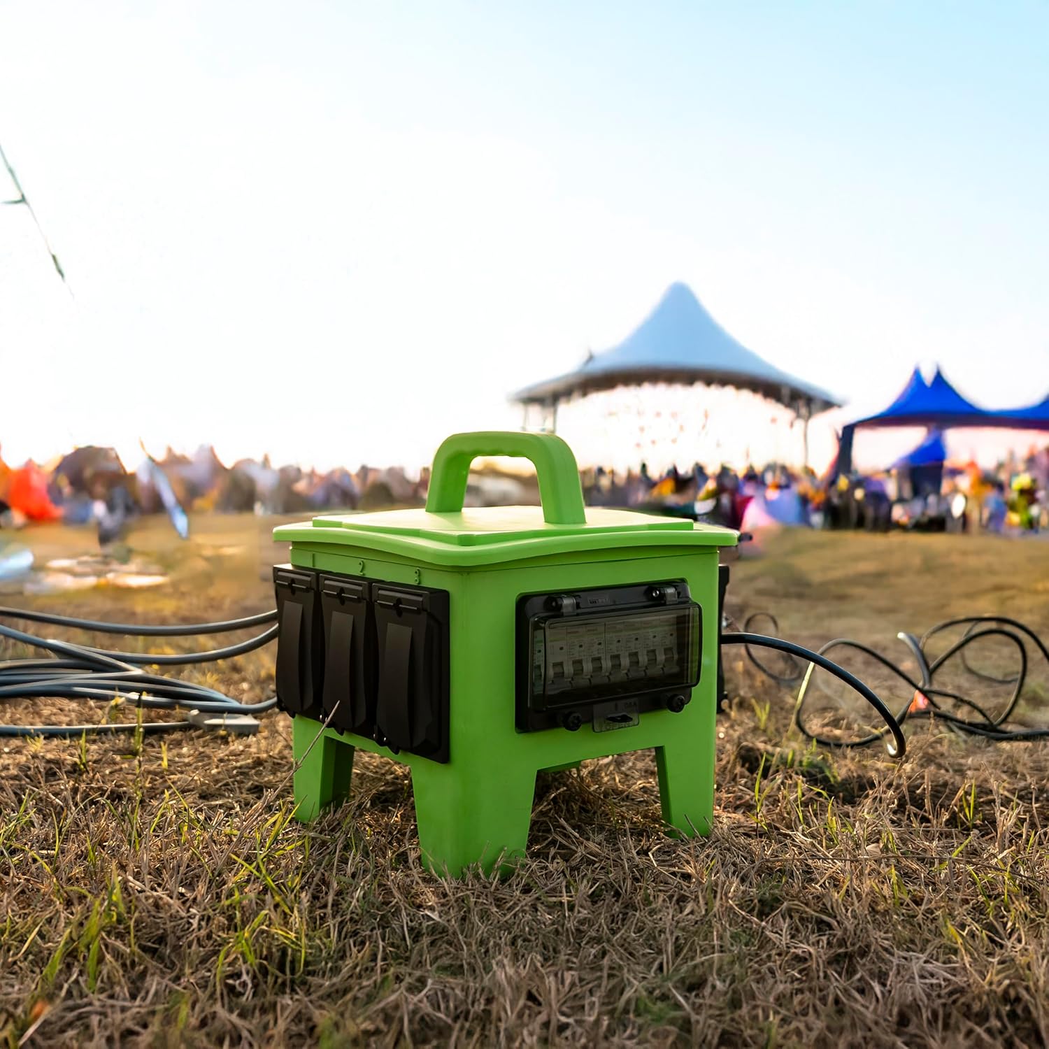50A, 125/250V Beetle Box Green powering lights, sound systems, and machinery at a carnival.)