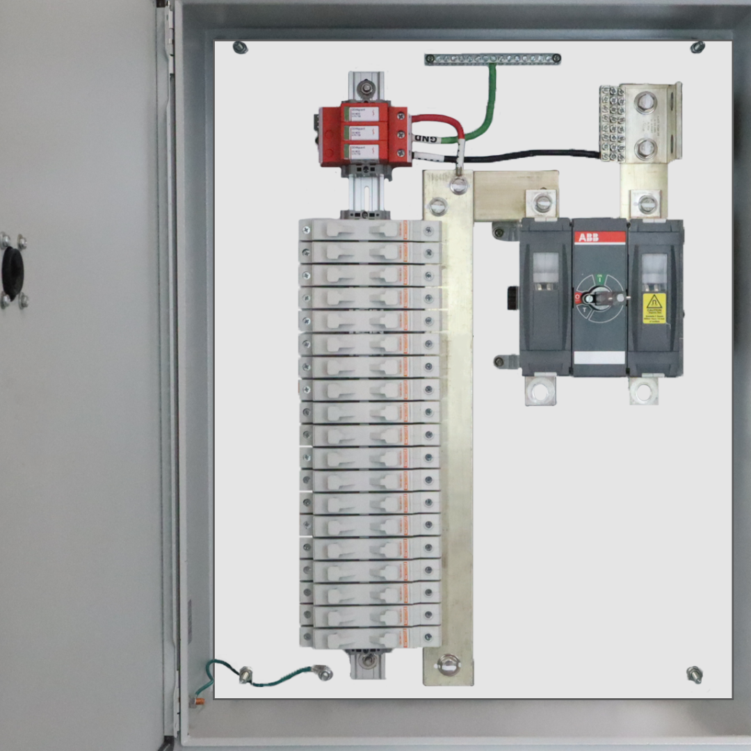 Power Assemblies 400A, 1500V Solar Combiner Box with the enclosure's door opened to showcase internal components.